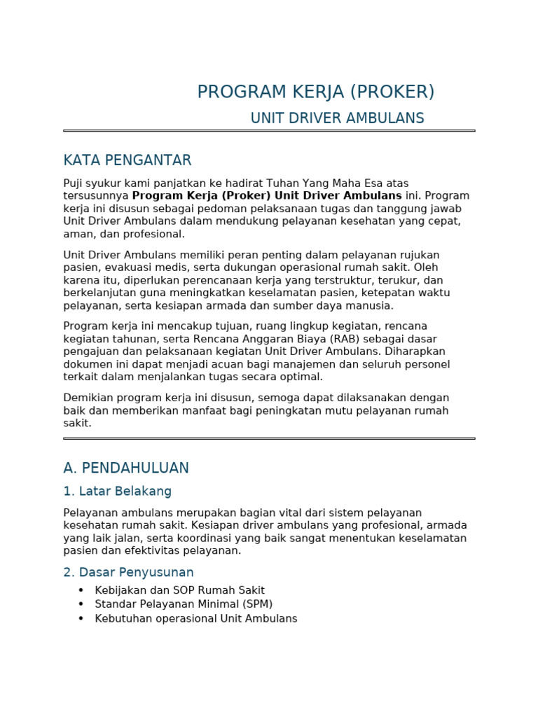 Program Kerja Unit Driver Ambulans | PDF