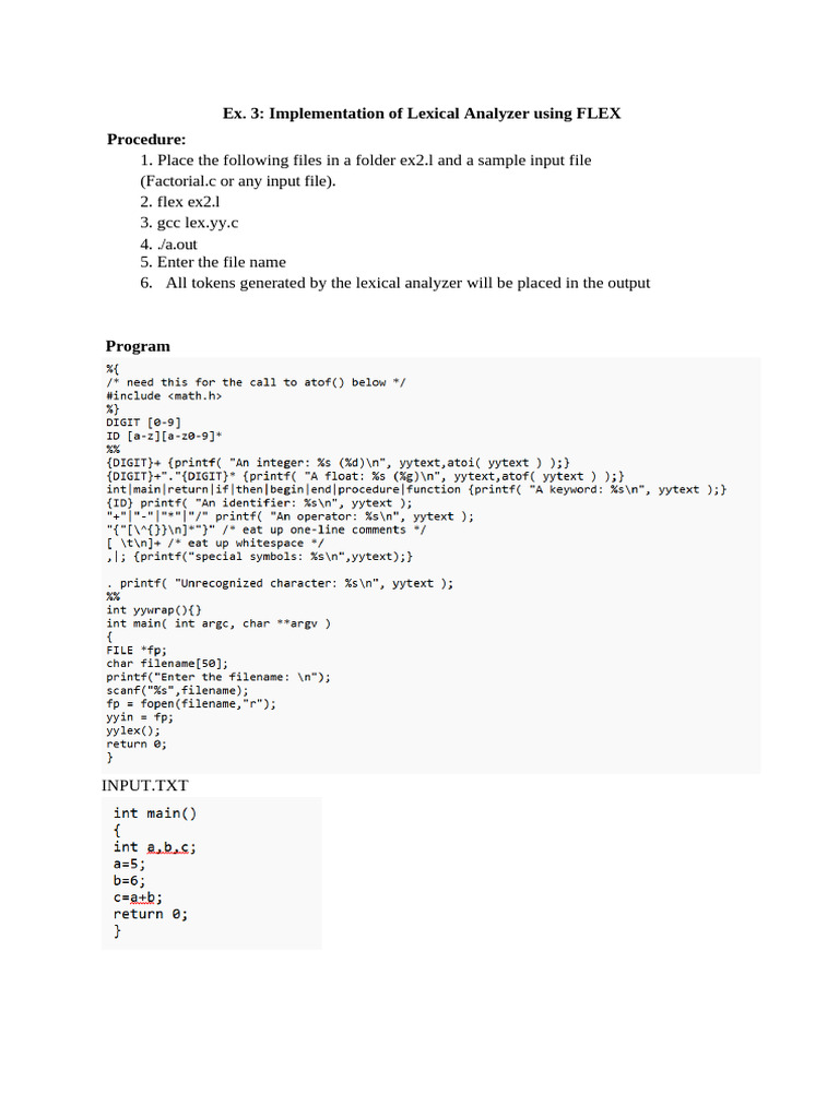 Ex. 3: Implementation of Lexical Analyzer Using FLEX Procedure | PDF ...