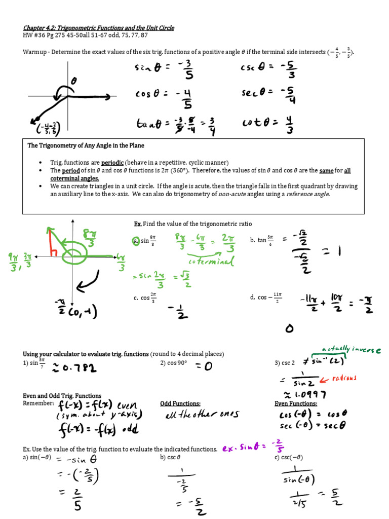 4.2.2 - Trig. Functions and The Unit Circle (Completed) | PDF ...