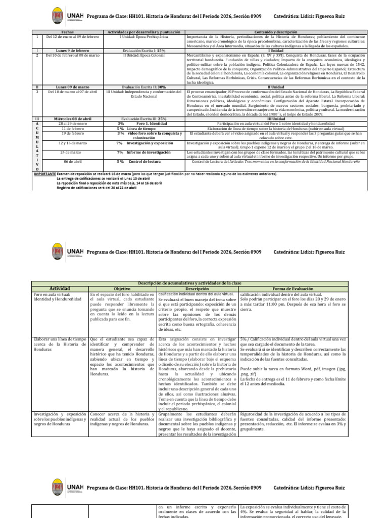 Programación HH101 Historia 0909 - Estud I PAC 2026 | PDF | Honduras ...