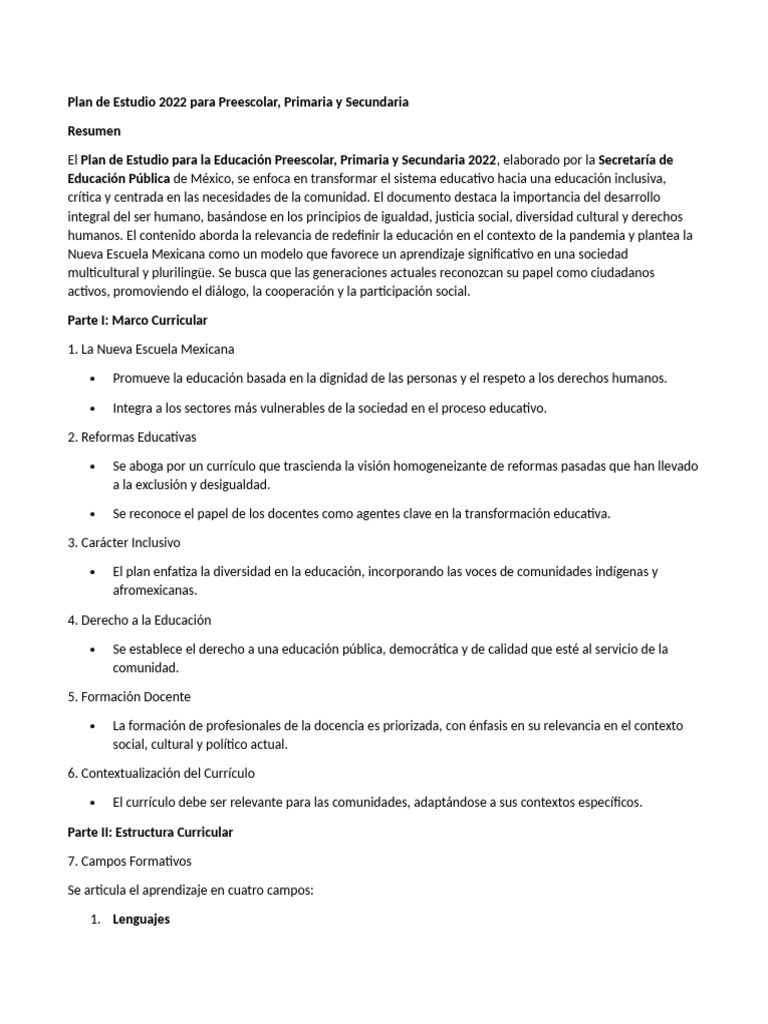 Resumen Plan de Estudios | PDF | Plan de estudios | Inclusión (Educación)