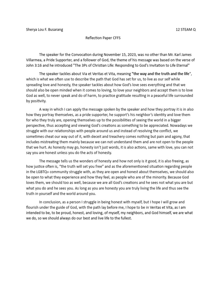 CFFS Reflection Paper BUSARANG | PDF | God In Christianity | Religious ...