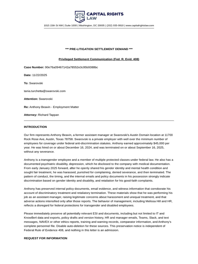 Demand Letter Anthony Beavin | PDF | Lawsuit | Civil Rights Act Of 1964