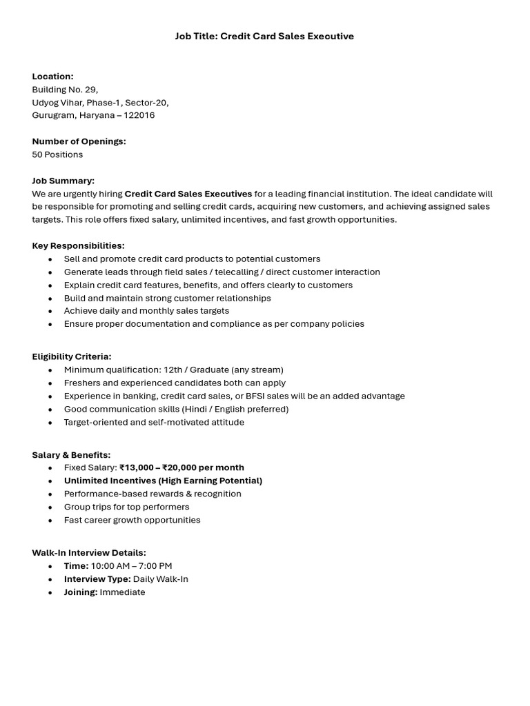JD Credit Card Sales Executive | PDF