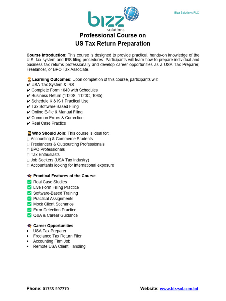 Content of US Tax Return Preparation Course | PDF | Irs Tax Forms | Taxes