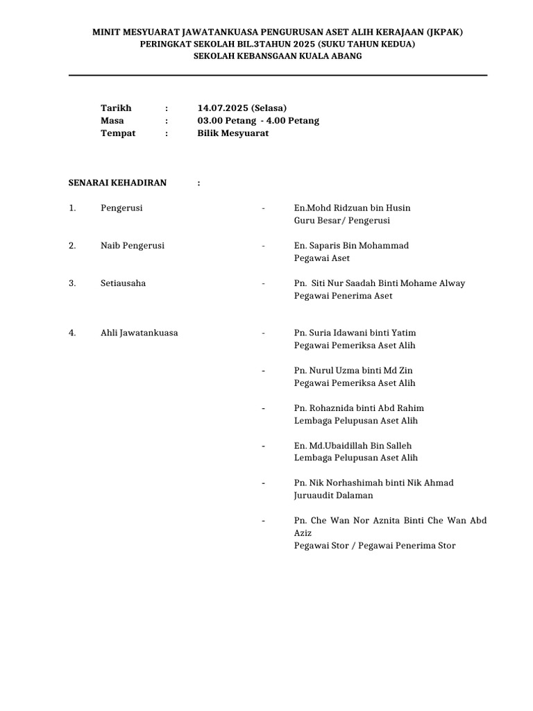 Minit Jkpak Skka 2025 - 3 Sk2 Aset | PDF