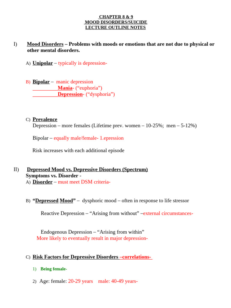 305Chapt8&9Outline Mood REVISED Spr14 | PDF | Bipolar Disorder | Major ...