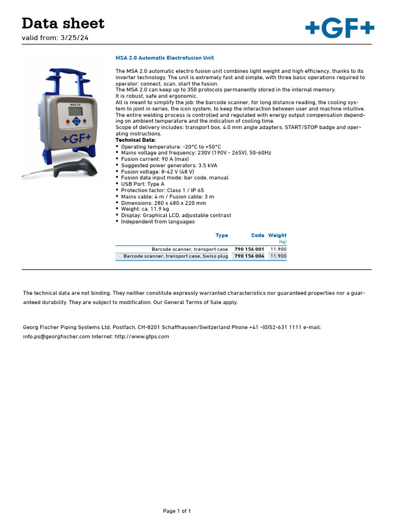 Gfps-datasheet-MSA 2.0 Automatic Electrofusion Unit-790156001 | PDF ...