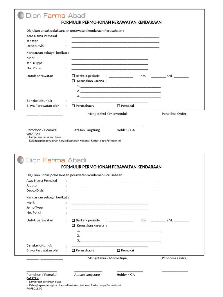 F07B011.00 Form Service Kendaraan | PDF