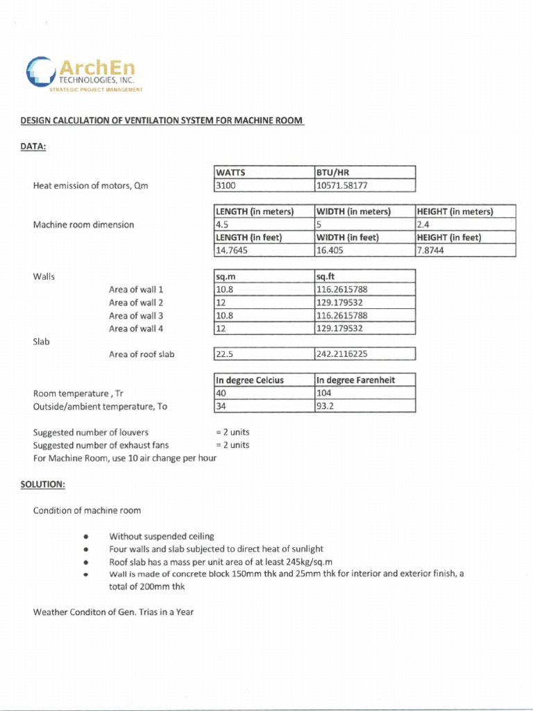 Design Calculation of Ventilation System For Machine Room | PDF