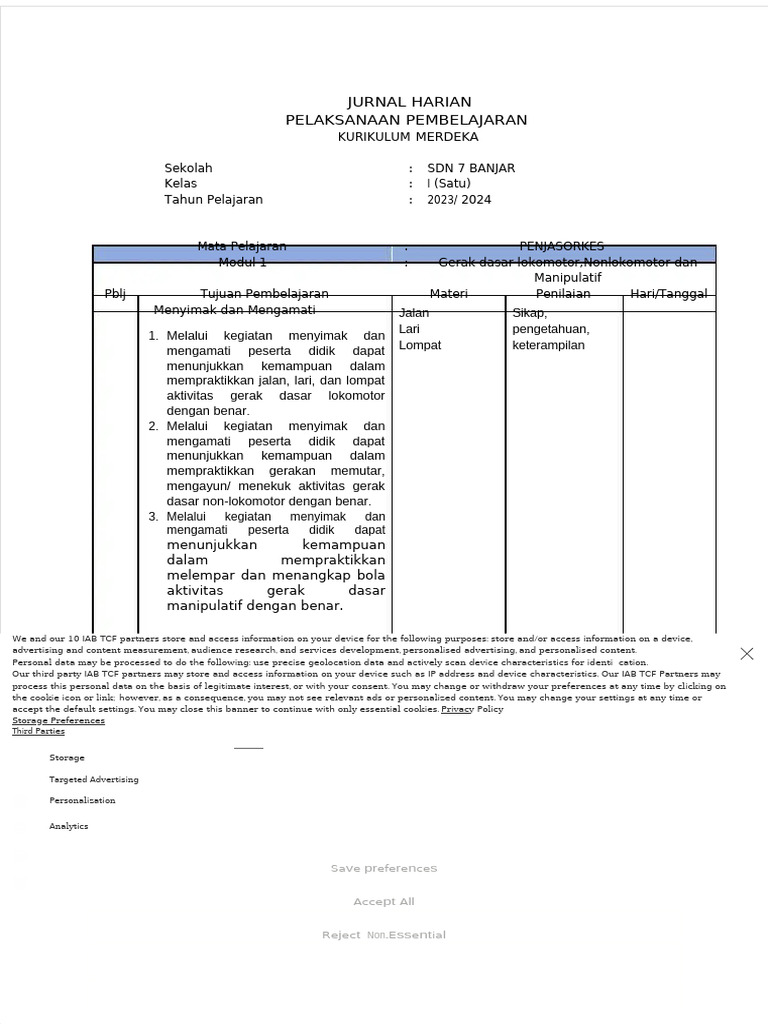 PDF Jurnal Harian Kurikulum Merdeka Kelas 1 | PDF | Http Cookie ...