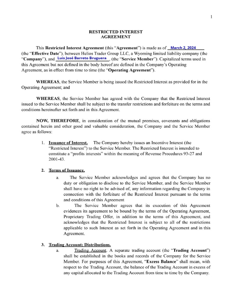 923 Helios Restricted Interest Contract | PDF