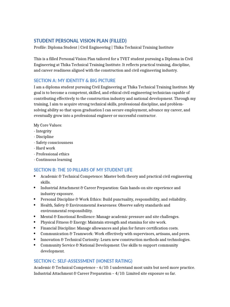 Student Personal Vision Plan TTTI Civil Engineering | PDF | Engineering ...