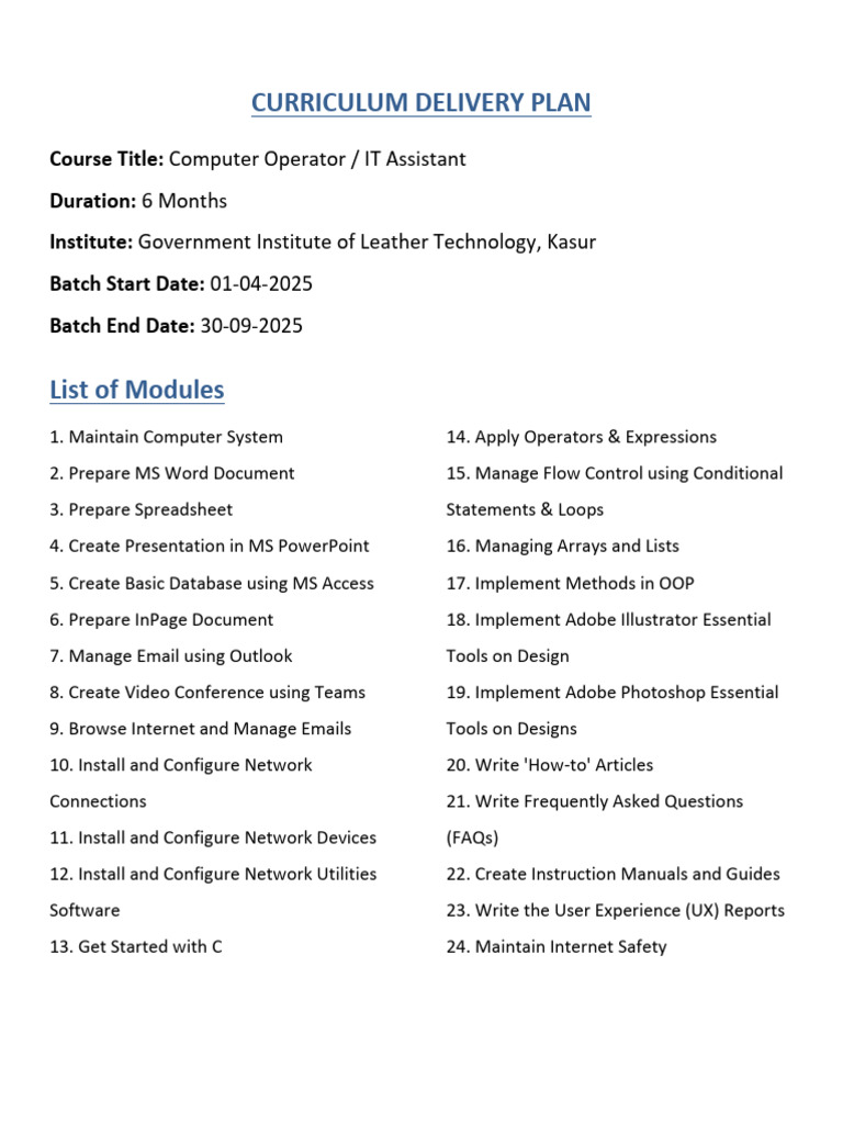 Curriculum Delivery Plan Computer Operator | PDF | C Sharp (Programming ...