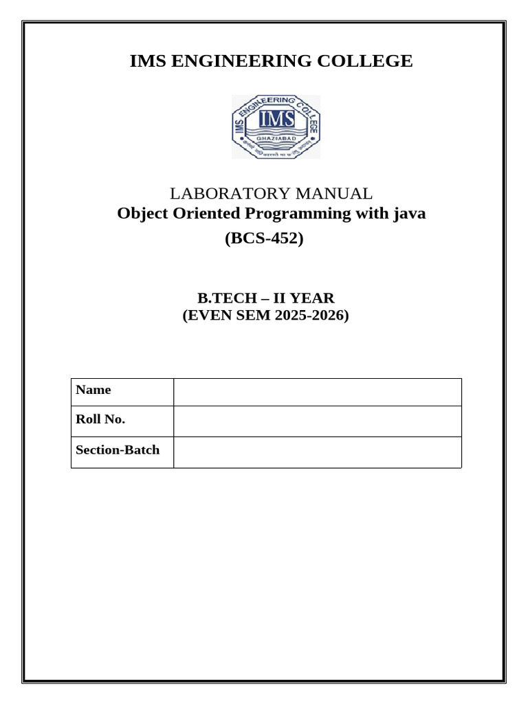 OOP With Java Lab - Bcs 452 - 2025-26 | PDF | Object Oriented ...