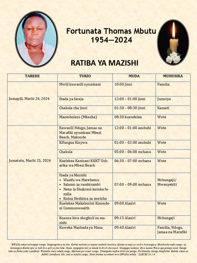 Ratiba Ya Mazishi - Fortunata2 | PDF