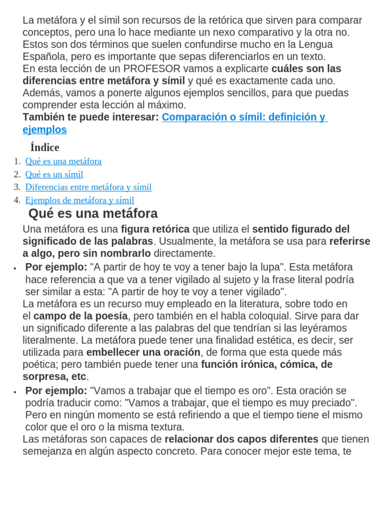 La Metáfora y El Símil Son Recursos de La Retórica Que Sirven para ...
