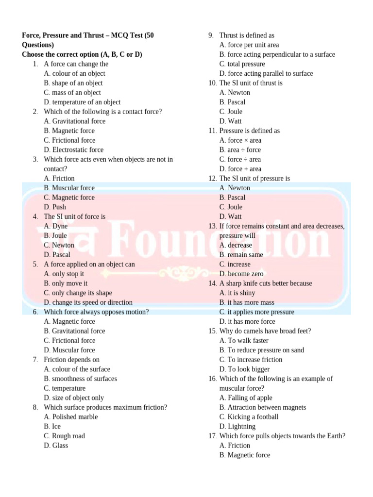 Test Force, Pressure and Thrust | PDF | Force | Friction