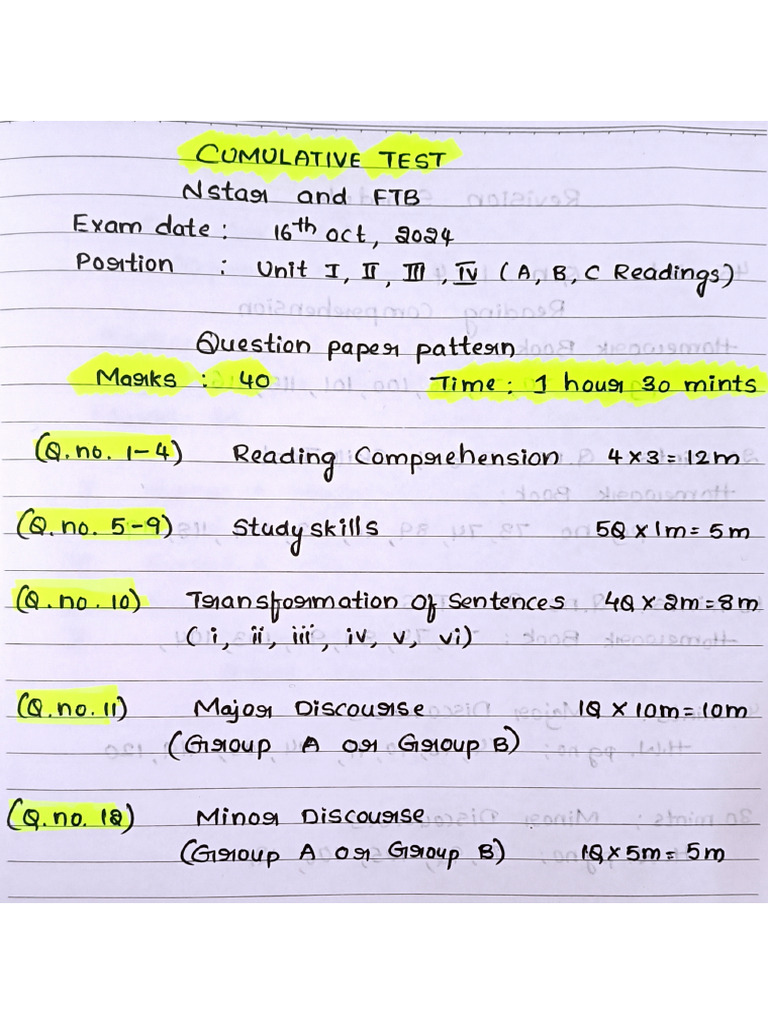 Cumulative Test For English FTB Preparatory Notes | PDF