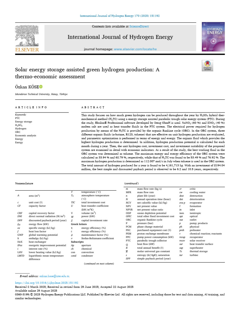 Kose (2025) Solar Energy Storage Assisted Green Hydrogen Production ...