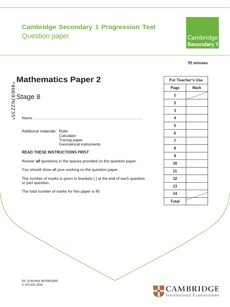 Cambridge Lower Secondary Progression Test - Mathematics 2014 Stage 8 ...