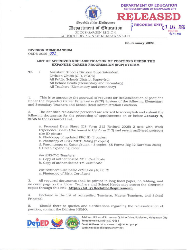 DM OSDS 2026 002 List of Approved Reclassification Of-Positions Under ...