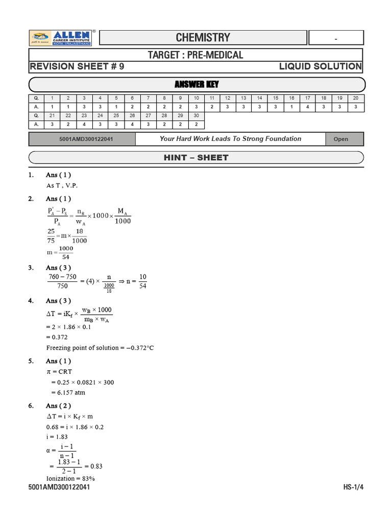 Sol - Revision Sheet - Liquid Solution | PDF | Osmosis | Analytical ...