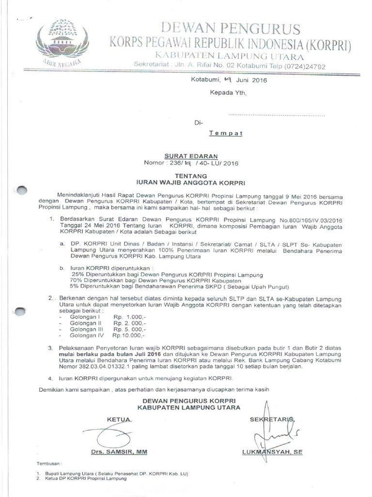 Surat Edaran Iuran Korpri | PDF