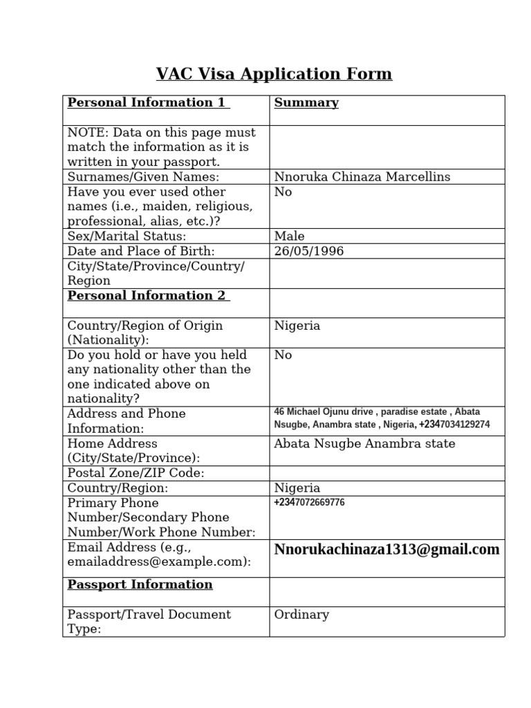 VAC Visa Application Form 2022 | PDF