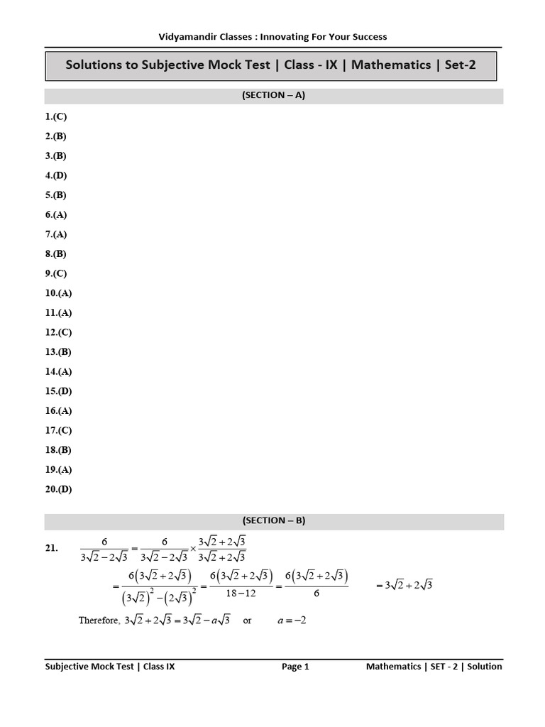 Solutions To Subjective Mock Test - Class - IX - Mathematics - Set-2 ...