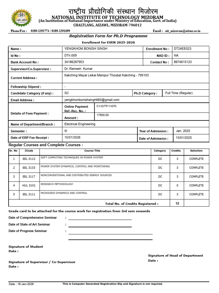 3rd Sem Course Registration Document | PDF