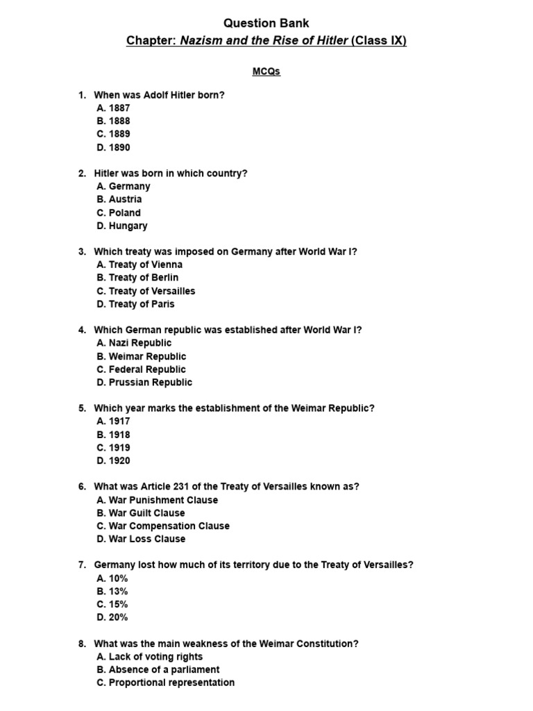 QB-Nazism and The Rise of Hitler - MCQs (Class IX) | PDF | Nazi Germany ...