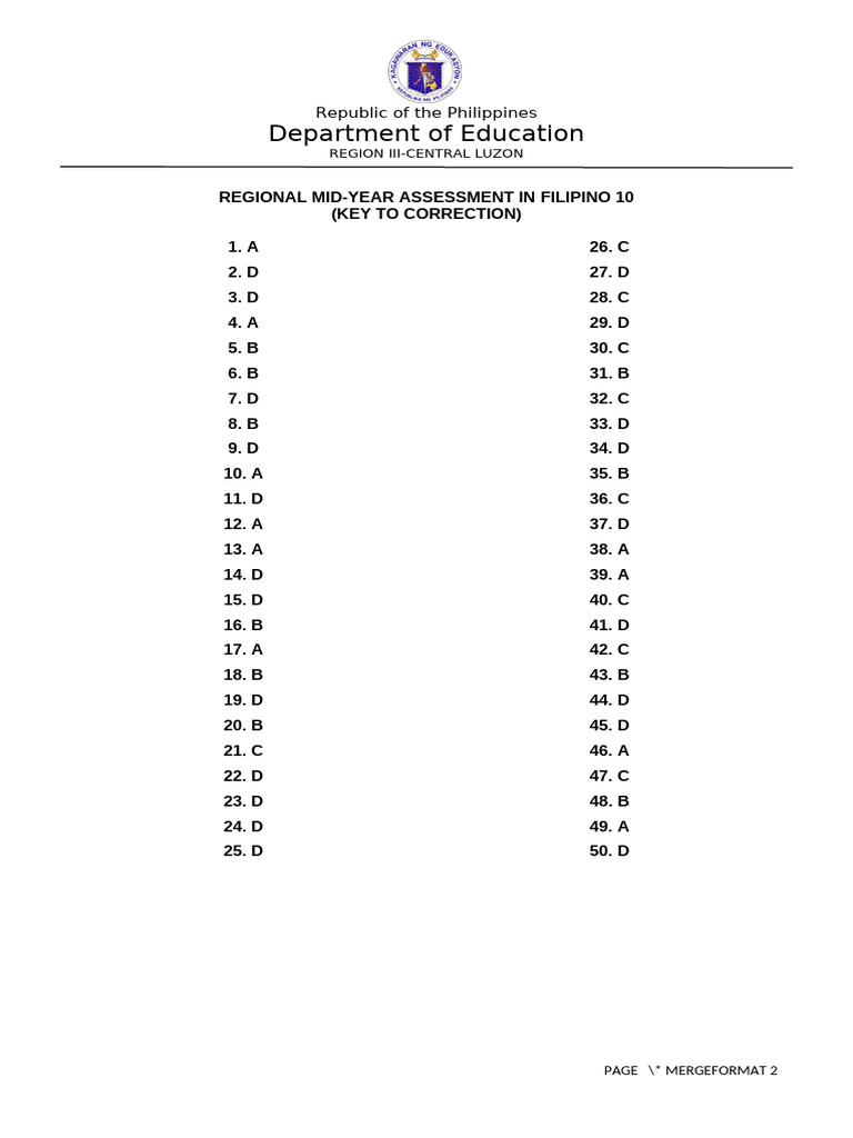 Key To Correction Filipino 10 Bulacan | PDF