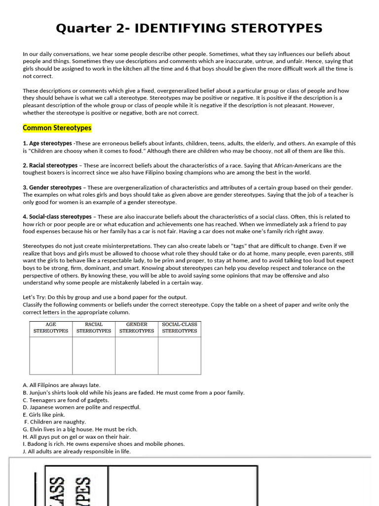 Notes Activities STEROTYPES | PDF | Stereotypes | Social Psychology