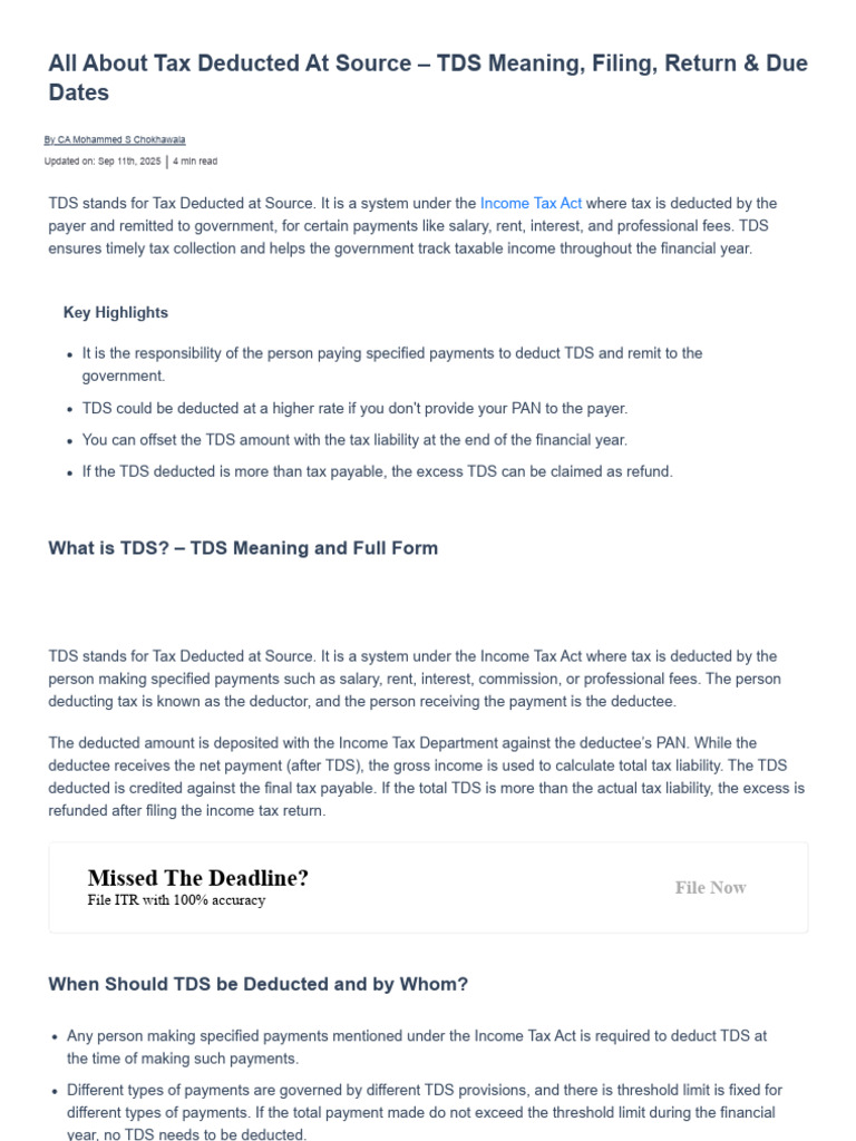 All About Tax Deducted at Source - TDS Meaning, Filing, Return and Due ...