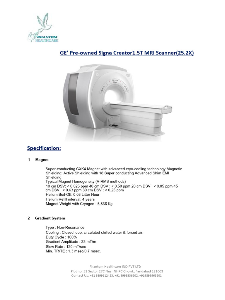 GE’ Pre-owned Signa Creator1.5T MRI Scanner(25.2X) (1) | PDF ...