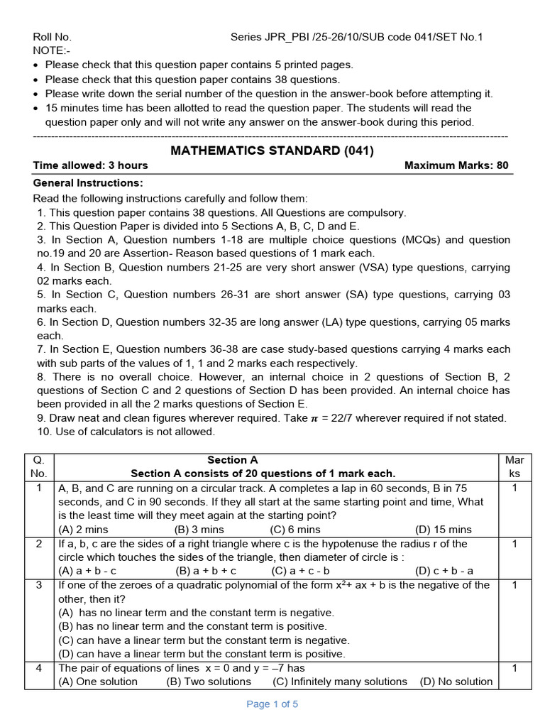 QP Class X Maths Standard Kvs Jaipur 2025 26 | PDF | Area | Circle