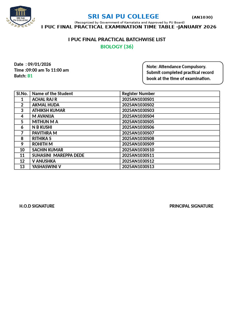 1puc Practical Time Table-2026 | PDF