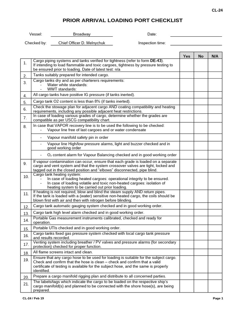 Cl-24 (T) - Prior Loading Port Check List | PDF | Valve | Pump