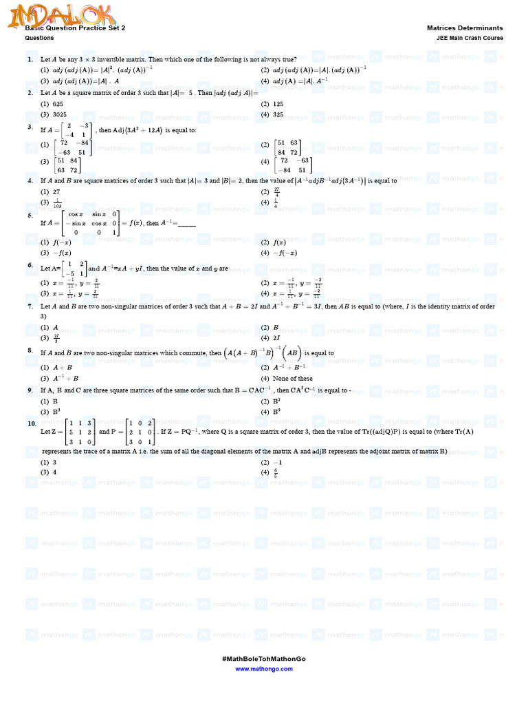 296 Qs - Practice Question Set 2 @IndAlok | PDF | Matrix (Mathematics ...