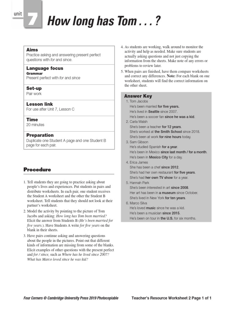 Four Corners Level 3 Unit 7 How Long Has Tom Worksheet 2 | PDF