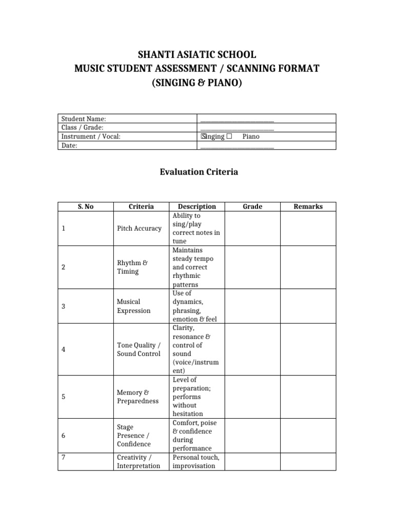 Shanti Asiatic School Music Assessment | PDF | Singing | Performing Arts