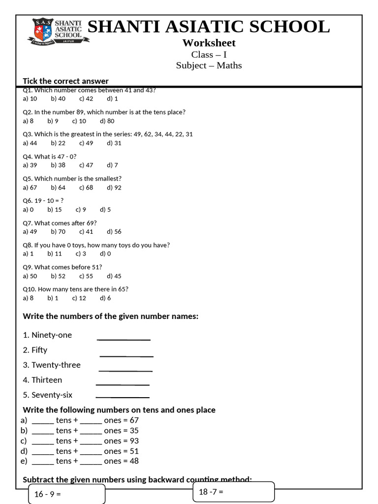 Class 1 Worksheet | PDF