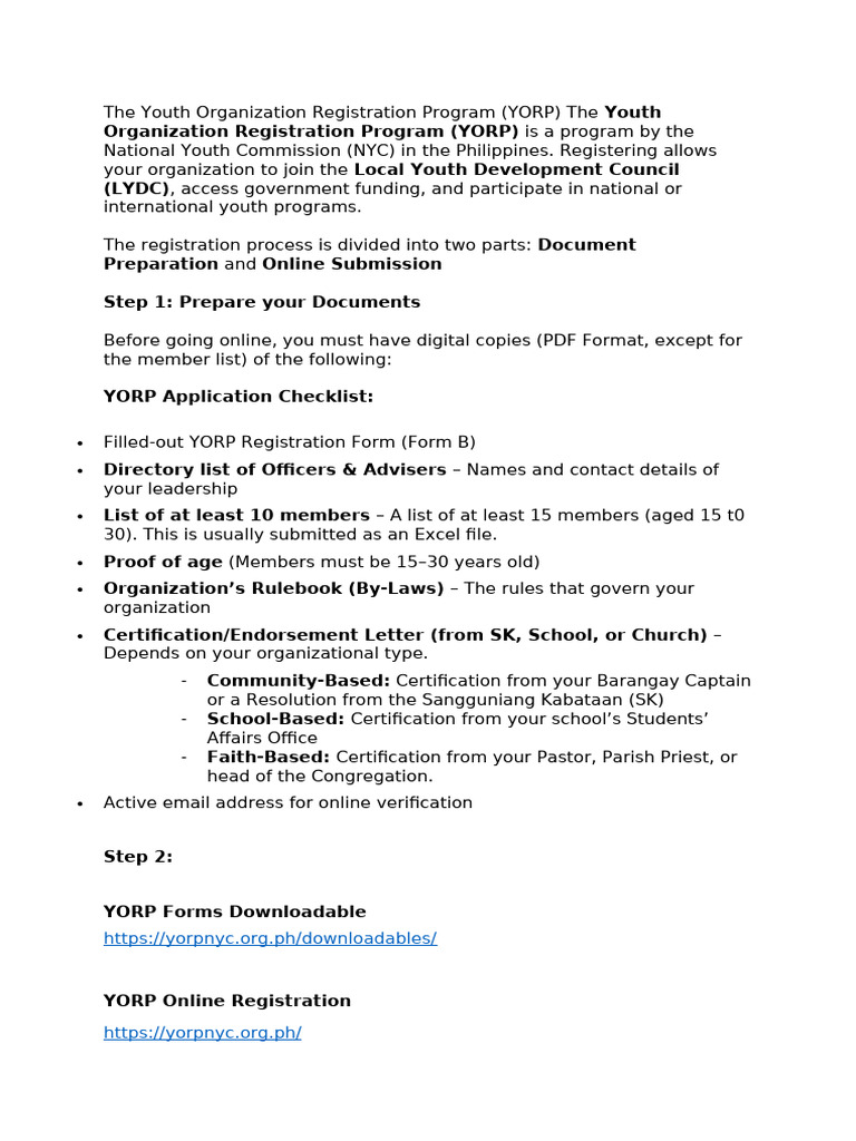 YORP Application Checklist | PDF