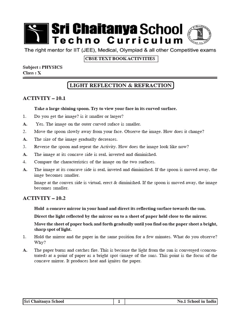 X - Cbse Text Book Activities | PDF | Mirror | Optics