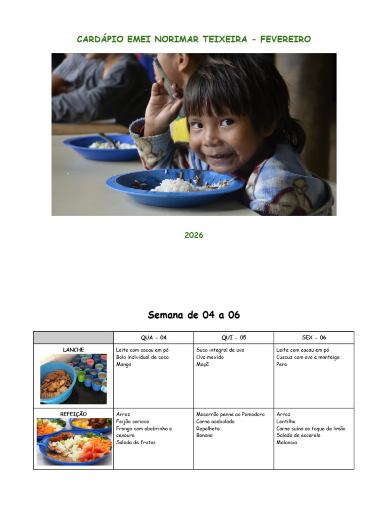Cardápio Emei Norimar Teixeira 2026 | PDF | Culinária ocidental | Culinária