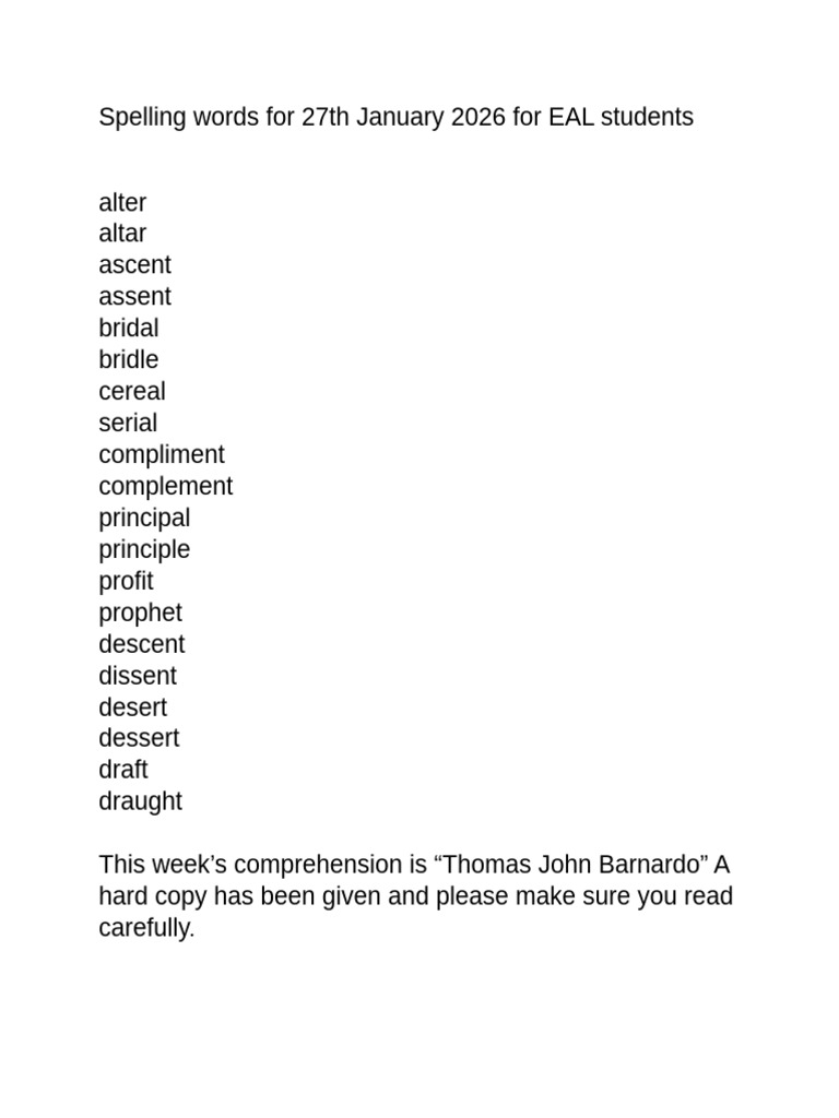 Spelling Words For 27th January 2026 | PDF