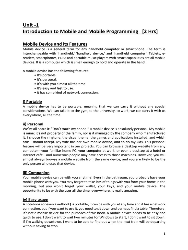 Unit - 1 Introduction To Mobile and Mobile Programming. | PDF