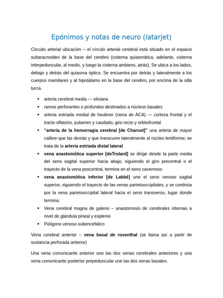 Epónimos y Notas de Neuro | PDF | Cerebelo | Médula espinal