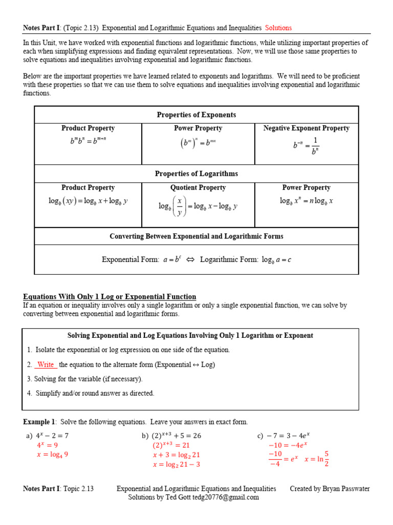 Notes Part 1 Key Topic 2.13 Exponential and Logarithmic Equations | PDF ...